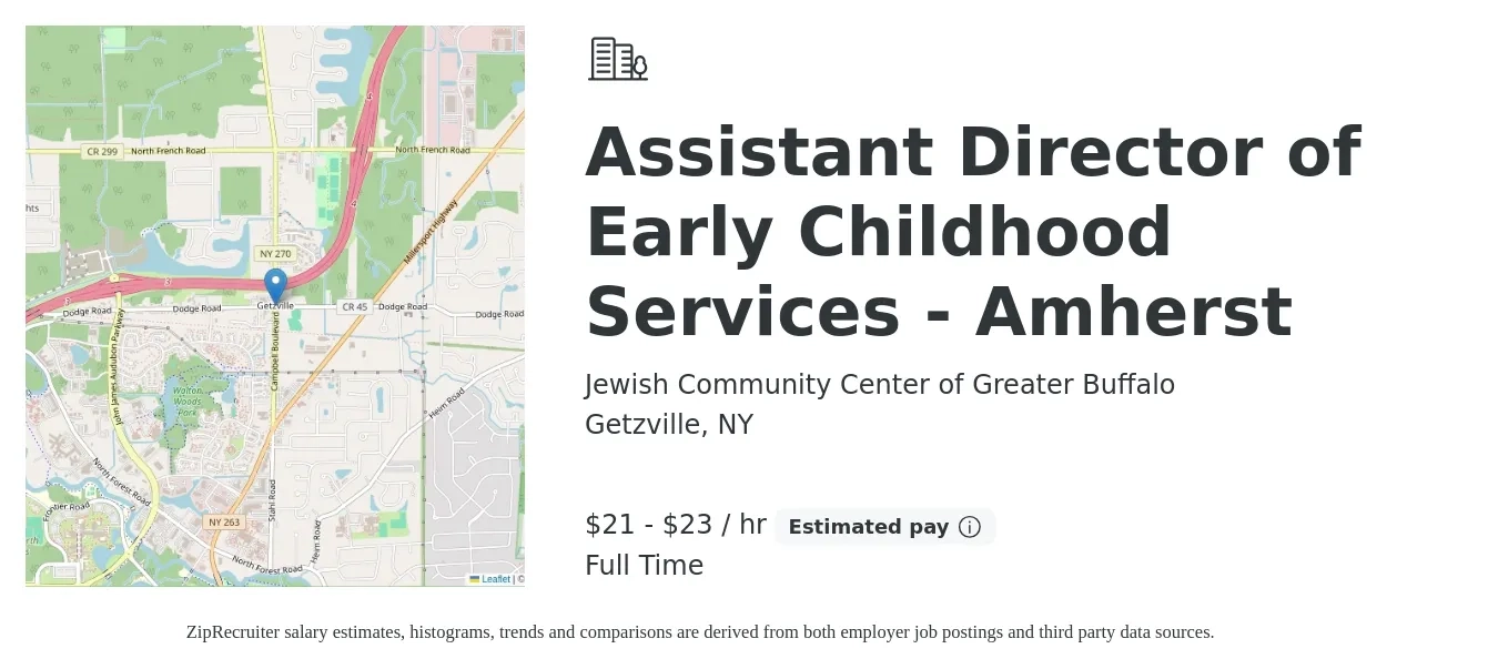 Jewish Community Center of Greater Buffalo job posting for a Assistant Director of Early Childhood Services - Amherst in Getzville, NY with a salary of $22 to $24 Hourly with a map of Getzville location.