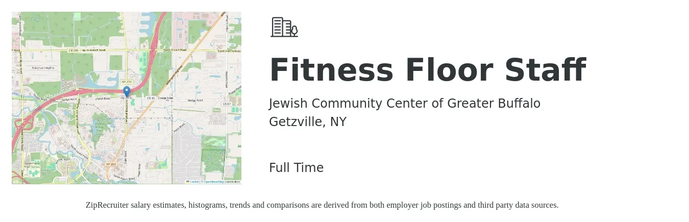Jewish Community Center of Greater Buffalo job posting for a Fitness Floor Staff in Getzville, NY with a salary of $14 to $16 Hourly with a map of Getzville location.