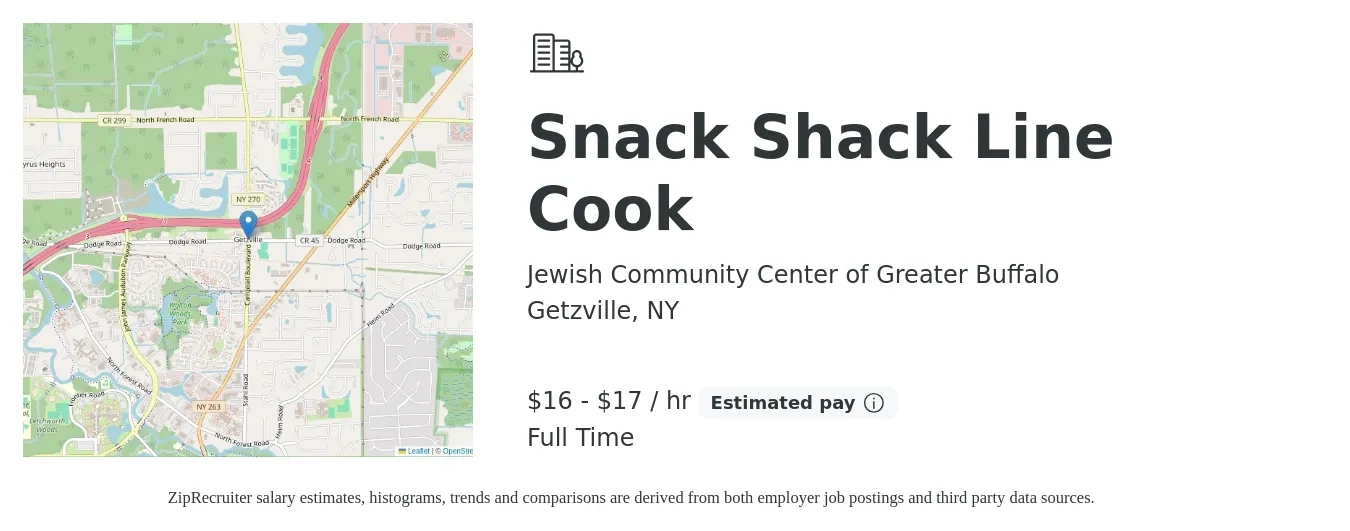 Jewish Community Center of Greater Buffalo job posting for a Snack Shack Line Cook in Getzville, NY with a salary of $17 to $18 Hourly with a map of Getzville location.