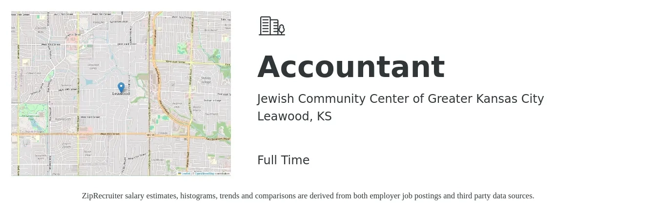 Jewish Community Center of Greater Kansas City job posting for a Accountant in Leawood, KS with a salary of $52,000 to $76,400 Yearly with a map of Leawood location.