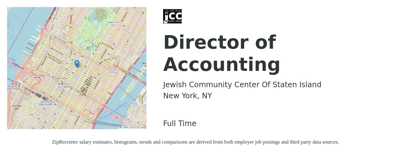 Jewish Community Center Of Staten Island job posting for a Director of Accounting in New York, NY with a salary of $75 Hourly with a map of New York location.