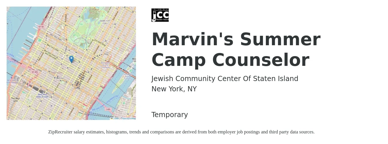 Jewish Community Center Of Staten Island job posting for a Marvin's Summer Camp Counselor in New York, NY with a salary of $15 to $20 Hourly with a map of New York location.