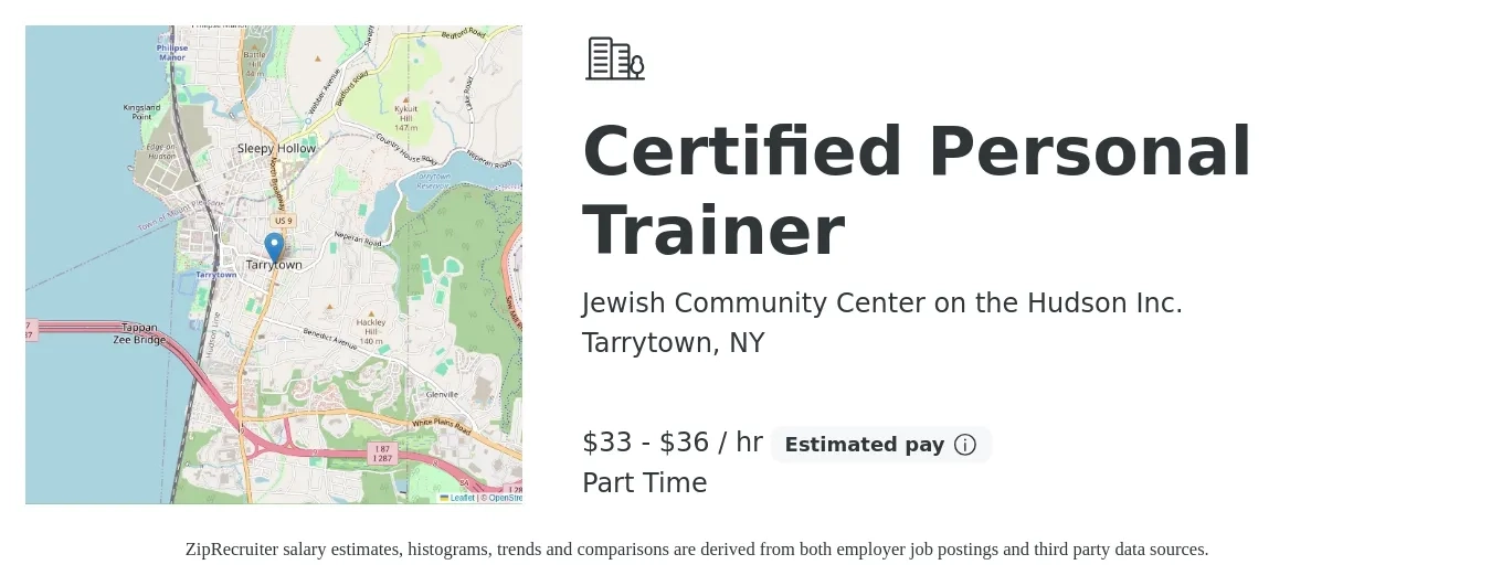 Jewish Community Center on the Hudson Inc. job posting for a Certified Personal Trainer in Tarrytown, NY with a salary of $35 to $38 Hourly with a map of Tarrytown location.