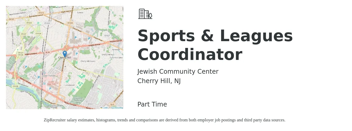 Jewish Community Center job posting for a Sports & Leagues Coordinator in Cherry Hill, NJ with a salary of $16 to $20 Hourly with a map of Cherry Hill location.