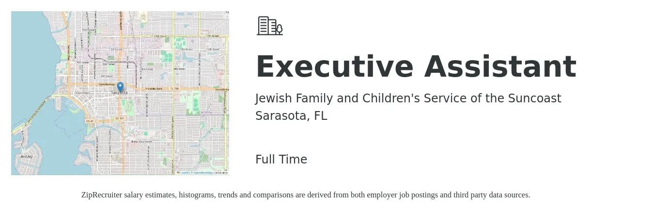 Jewish Family and Children's Service of the Suncoast job posting for a Executive Assistant in Sarasota, FL with a salary of $48,200 to $72,300 Yearly with a map of Sarasota location.