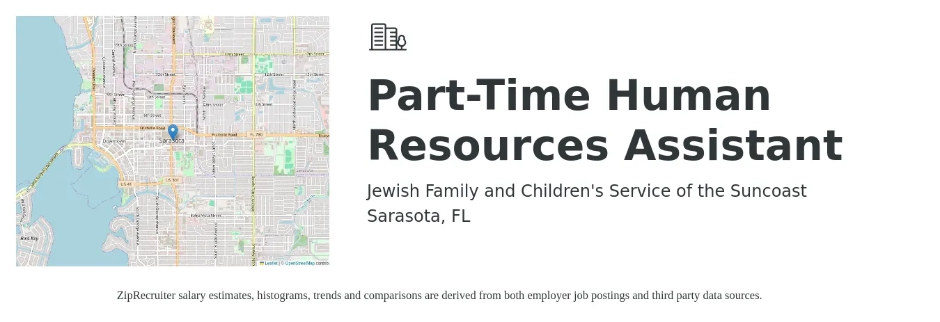 Jewish Family and Children's Service of the Suncoast job posting for a Part-Time Human Resources Assistant in Sarasota, FL with a salary of $36,100 to $46,200 Yearly with a map of Sarasota location.