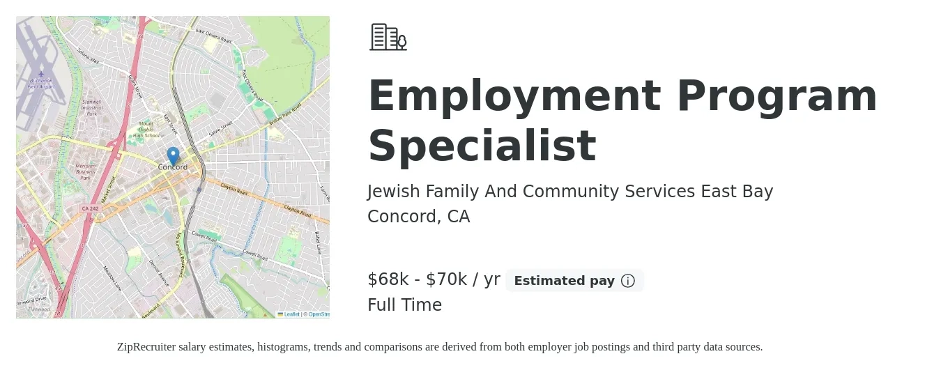 Jewish Family And Community Services East Bay job posting for a Employment Program Specialist in Concord, CA with a salary of $68,000 to $70,000 Yearly with a map of Concord location.
