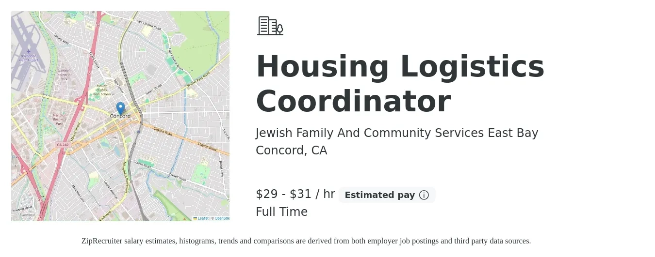 Jewish Family And Community Services East Bay job posting for a Housing Logistics Coordinator in Concord, CA with a salary of $31 to $33 Hourly with a map of Concord location.
