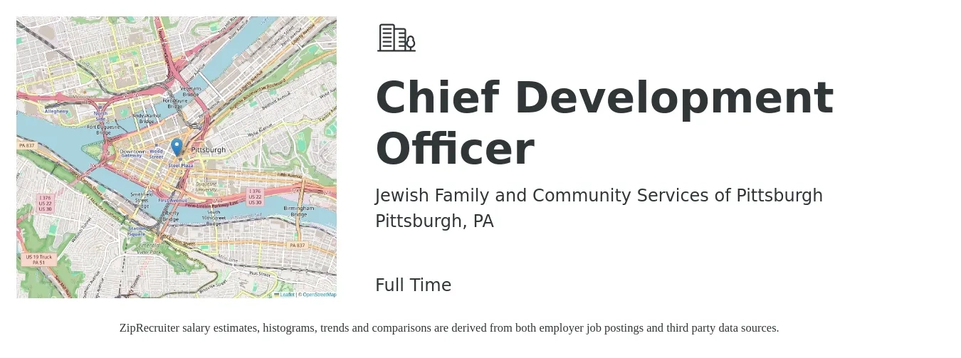 Jewish Family and Community Services of Pittsburgh job posting for a Chief Development Officer in Pittsburgh, PA with a salary of $96,600 to $155,300 Yearly with a map of Pittsburgh location.
