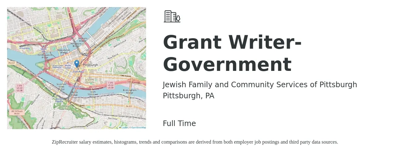 Jewish Family and Community Services of Pittsburgh job posting for a Grant Writer-Government in Pittsburgh, PA with a salary of $25 Hourly with a map of Pittsburgh location.