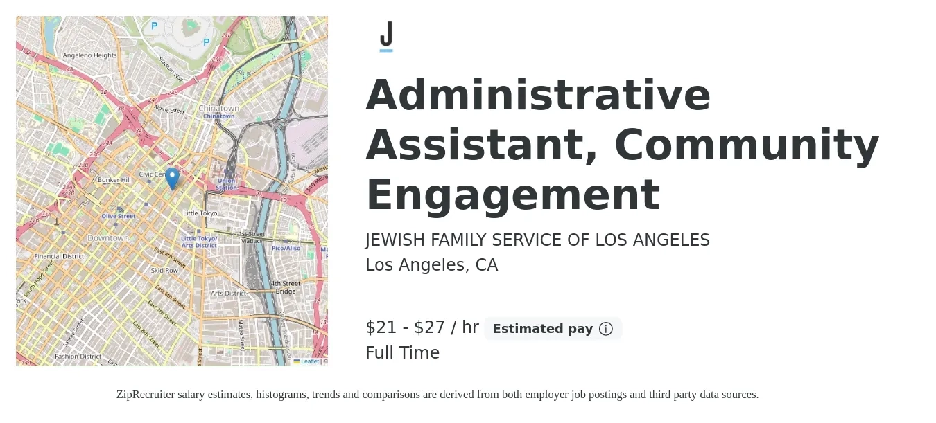 JEWISH FAMILY SERVICE OF LOS ANGELES job posting for a Administrative Assistant, Community Engagement in Los Angeles, CA with a salary of $22 to $28 Hourly with a map of Los Angeles location.