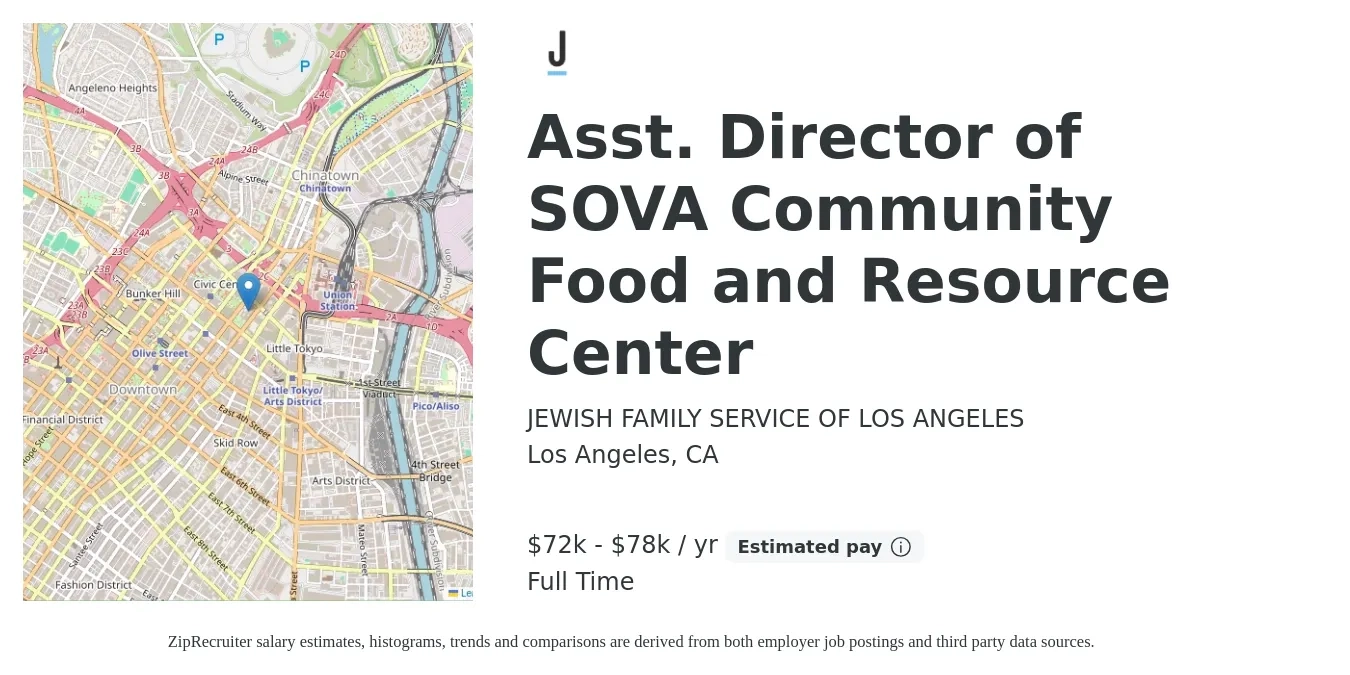JEWISH FAMILY SERVICE OF LOS ANGELES job posting for a Asst. Director of SOVA Community Food and Resource Center in Los Angeles, CA with a salary of $72,000 to $78,000 Yearly with a map of Los Angeles location.