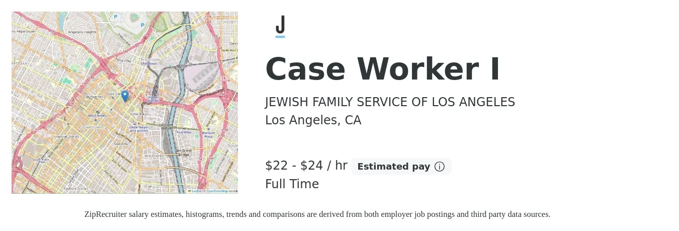 JEWISH FAMILY SERVICE OF LOS ANGELES job posting for a Case Worker I in Los Angeles, CA with a salary of $23 to $26 Hourly with a map of Los Angeles location.