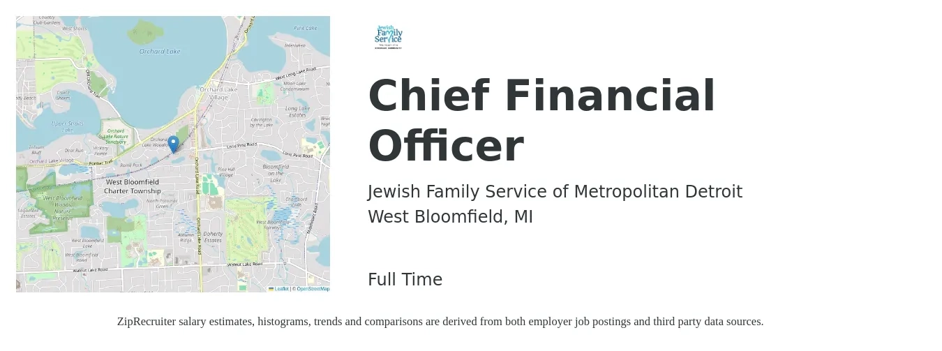 Jewish Family Service of Metropolitan Detroit job posting for a Chief Financial Officer in West Bloomfield, MI with a salary of $130,500 to $370,200 Yearly with a map of West Bloomfield location.