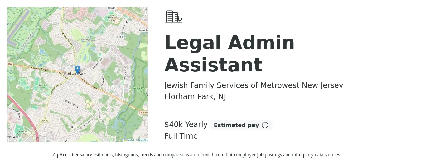 Jewish Family Services of Metrowest New Jersey job posting for a Legal Admin Assistant in Florham Park, NJ with a salary of $40,000 Yearly with a map of Florham Park location.