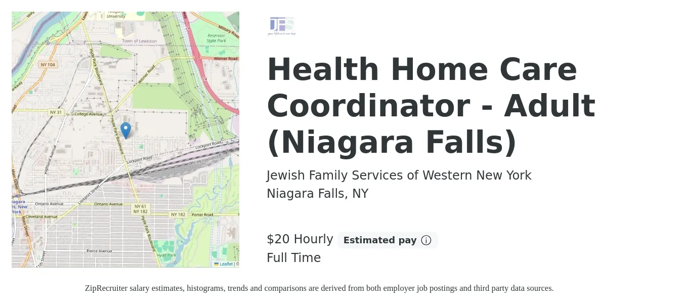 Jewish Family Services of Western New York job posting for a Health Home Care Coordinator - Adult (Niagara Falls) in Niagara Falls, NY with a salary of $21 Hourly with a map of Niagara Falls location.