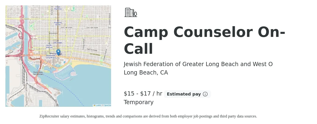 Jewish Federation of Greater Long Beach and West O job posting for a Camp Counselor On-Call in Long Beach, CA with a salary of $16 to $18 Hourly with a map of Long Beach location.