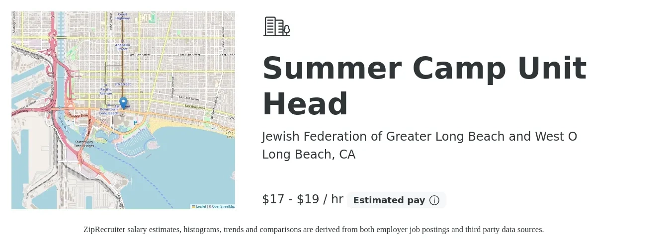 Jewish Federation of Greater Long Beach and West O job posting for a Summer Camp Unit Head in Long Beach, CA with a salary of $18 to $20 Hourly with a map of Long Beach location.