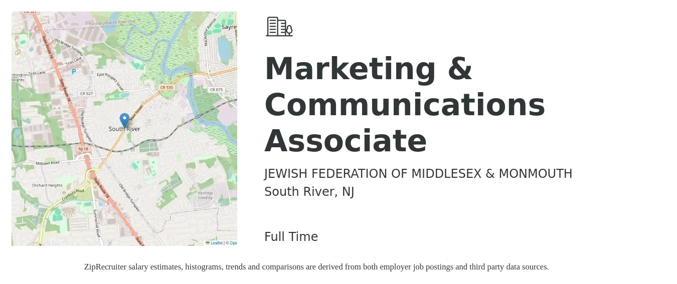 JEWISH FEDERATION OF MIDDLESEX & MONMOUTH job posting for a Marketing & Communications Associate in South River, NJ with a salary of $44,400 to $55,000 Yearly with a map of South River location.