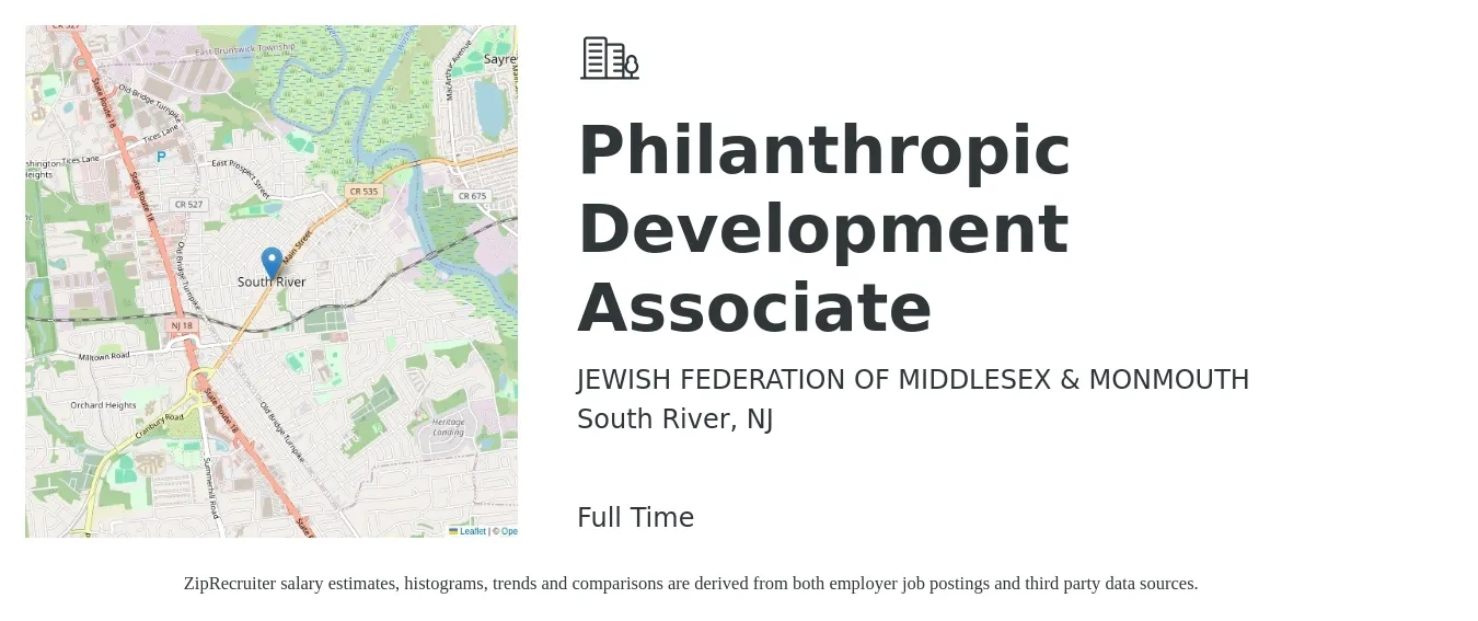 JEWISH FEDERATION OF MIDDLESEX & MONMOUTH job posting for a Philanthropic Development Associate in South River, NJ with a salary of $42,900 to $60,600 Yearly with a map of South River location.