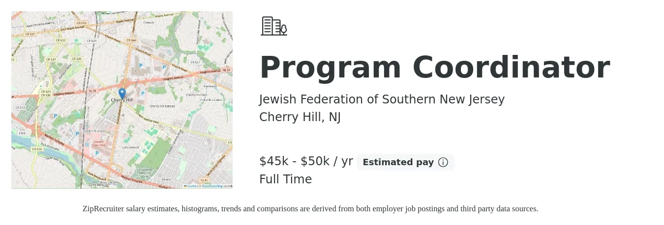 Jewish Federation of Southern New Jersey job posting for a Program Coordinator in Cherry Hill, NJ with a salary of $45,000 to $50,000 Yearly with a map of Cherry Hill location.