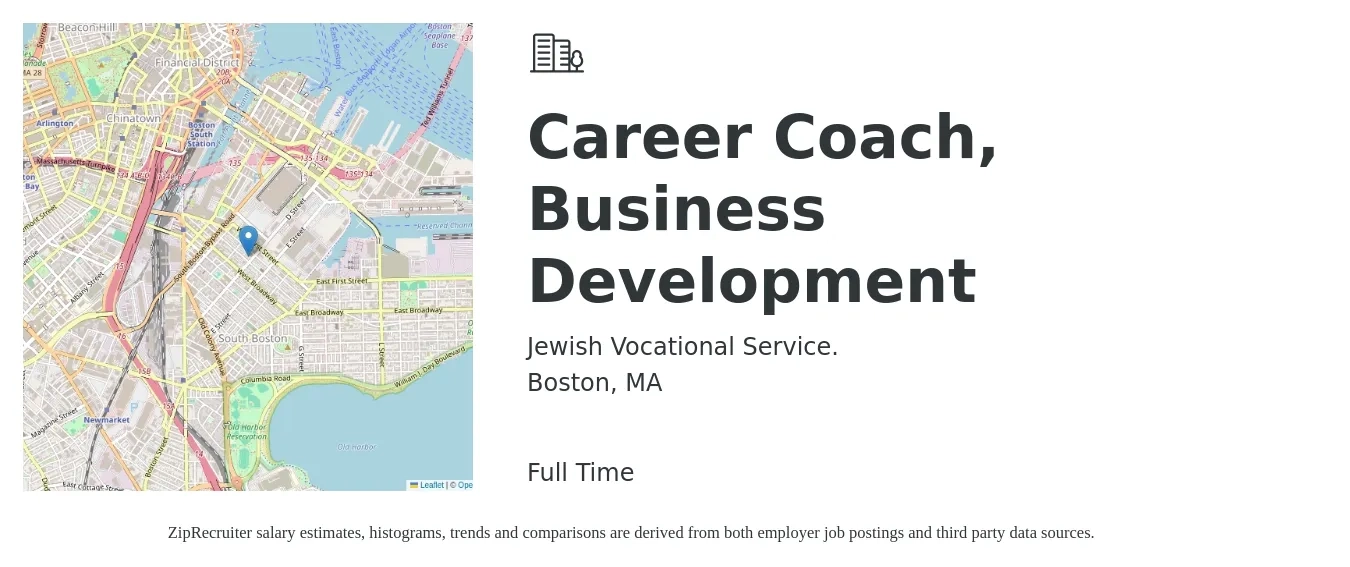Jewish Vocational Service. job posting for a Career Coach, Business Development in Boston, MA with a salary of $20 to $28 Hourly with a map of Boston location.