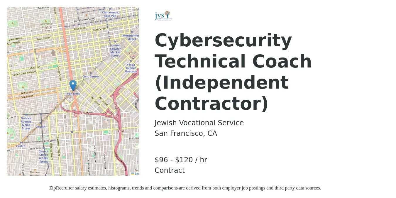Jewish Vocational Service job posting for a Cybersecurity Technical Coach (Independent Contractor) in San Francisco, CA with a salary of $100 to $125 Hourly with a map of San Francisco location.