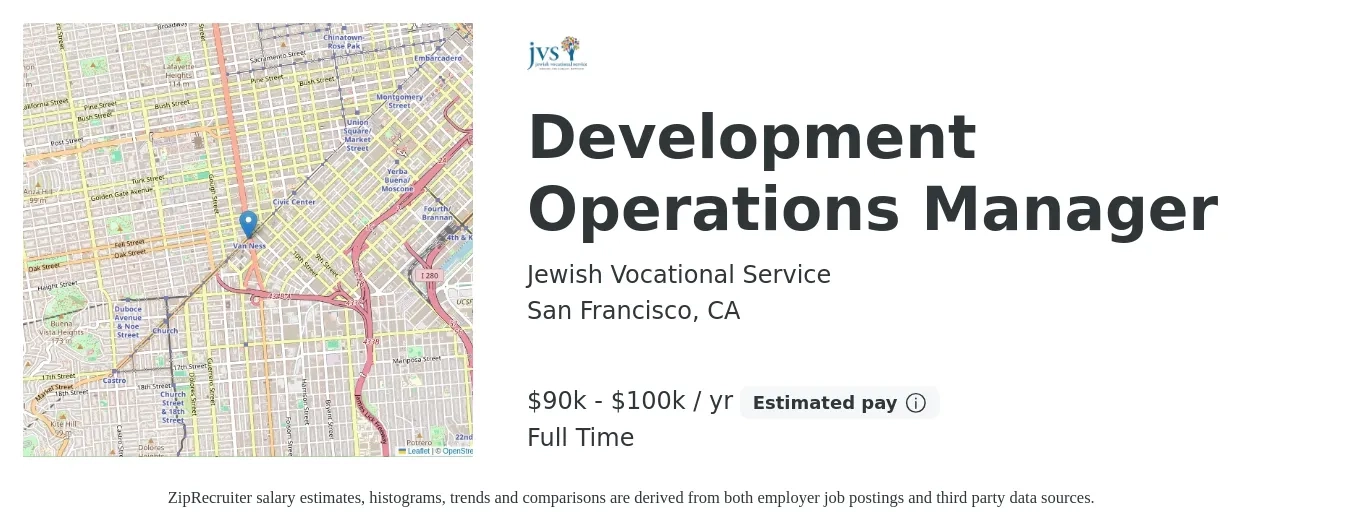 Jewish Vocational Service job posting for a Development Operations Manager in San Francisco, CA with a salary of $90,000 to $100,000 Yearly with a map of San Francisco location.