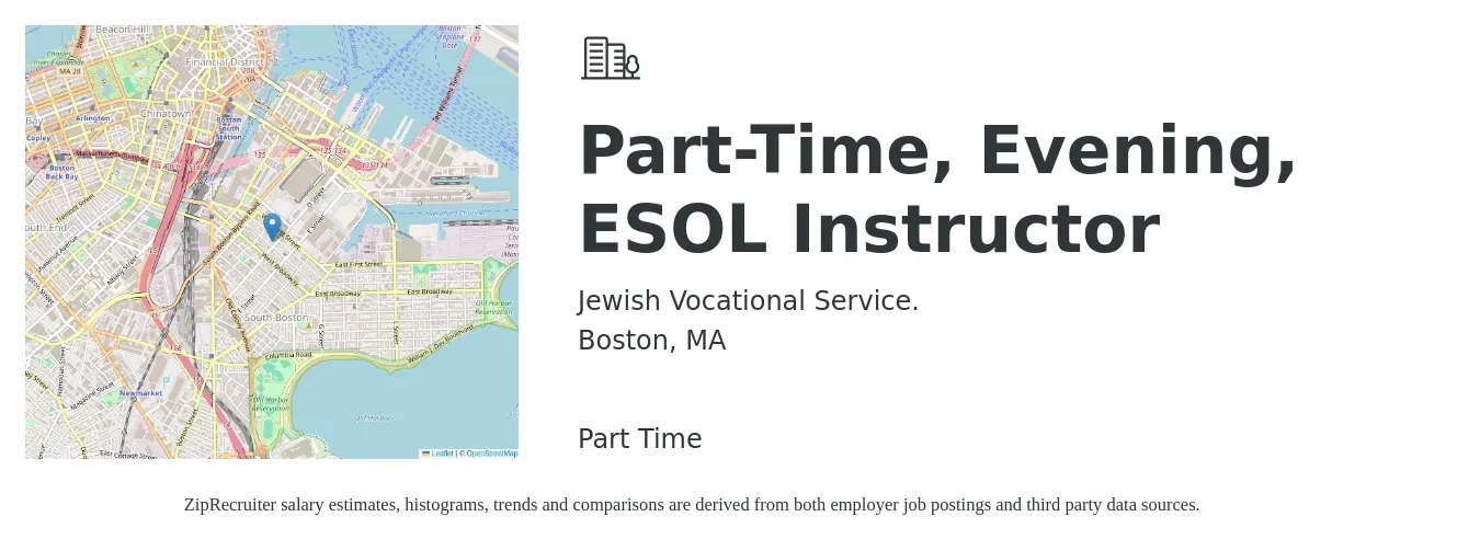 Jewish Vocational Service. job posting for a Part-Time, Evening, ESOL Instructor in Boston, MA with a map of Boston location.