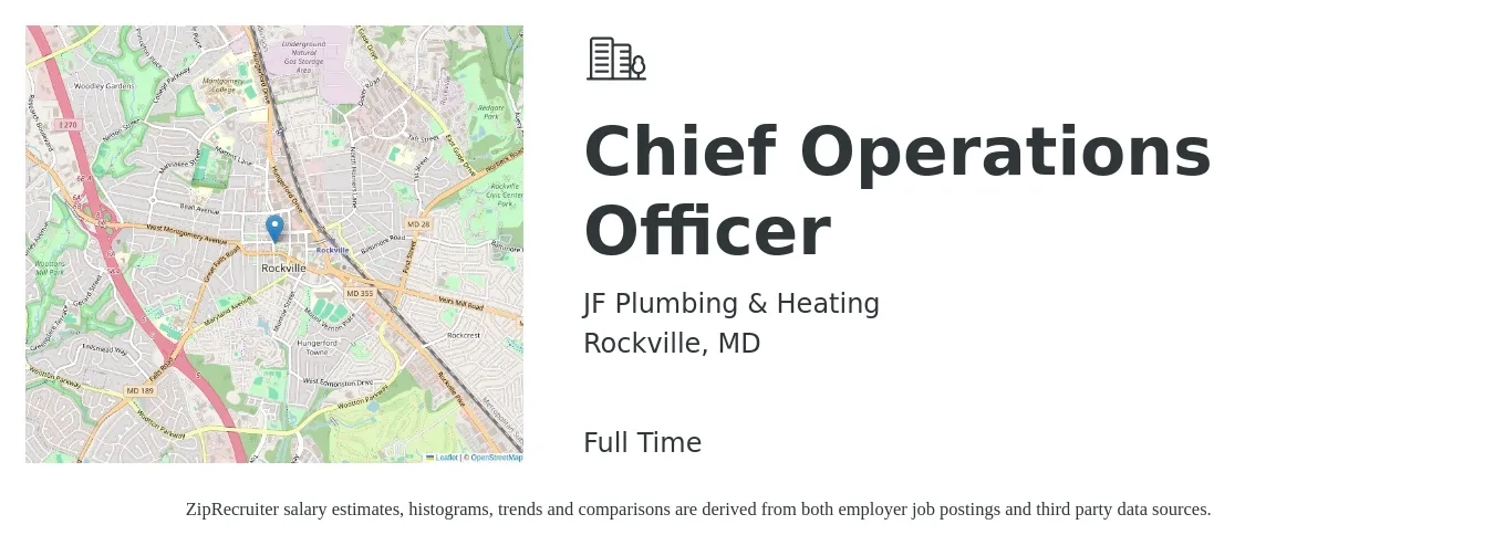 JF Plumbing & Heating job posting for a Chief Operations Officer in Rockville, MD with a salary of $113,600 to $188,600 Yearly with a map of Rockville location.