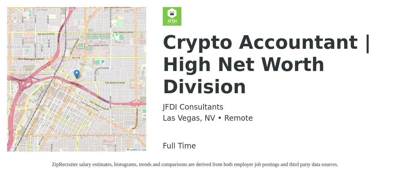 JFDI Consultants job posting for a Crypto Accountant | High-Net-Worth Division in Las Vegas, NV with a salary of $51,100 to $75,000 Yearly with a map of Las Vegas location.