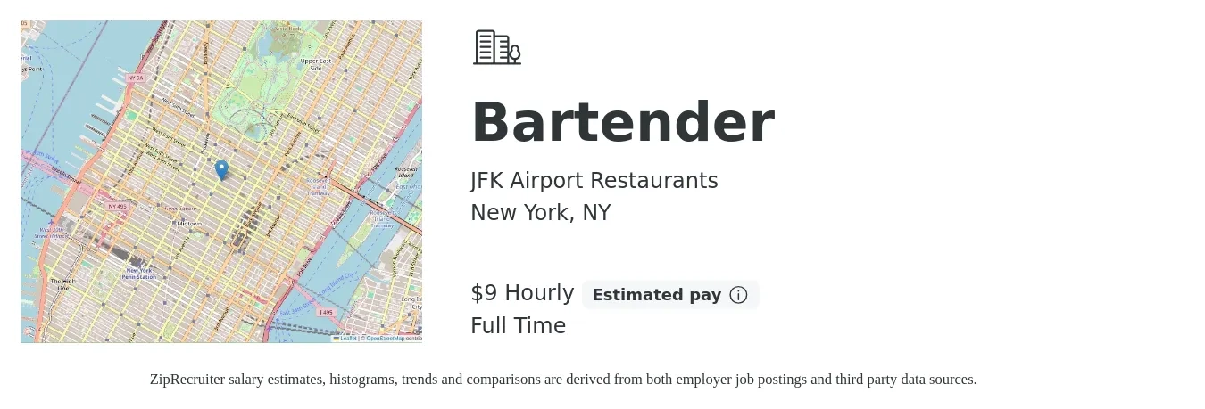 JFK Airport Restaurants job posting for a Bartender in New York, NY with a salary of $10 Hourly with a map of New York location.