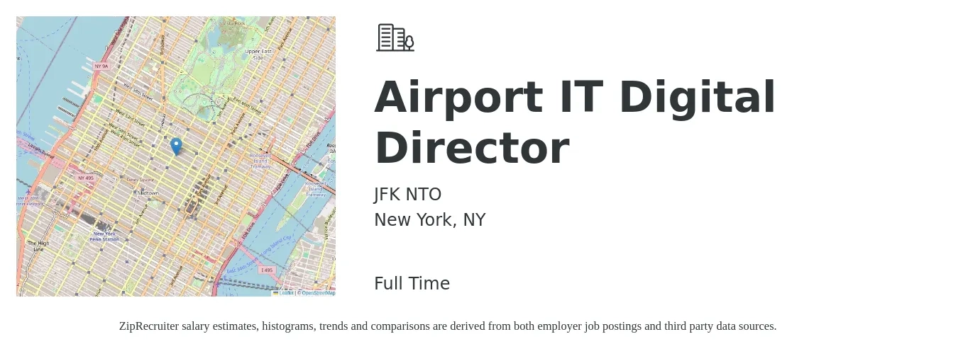 JFK NTO job posting for a Airport IT Digital Director in New York, NY with a salary of $140,000 to $170,000 Yearly with a map of New York location.