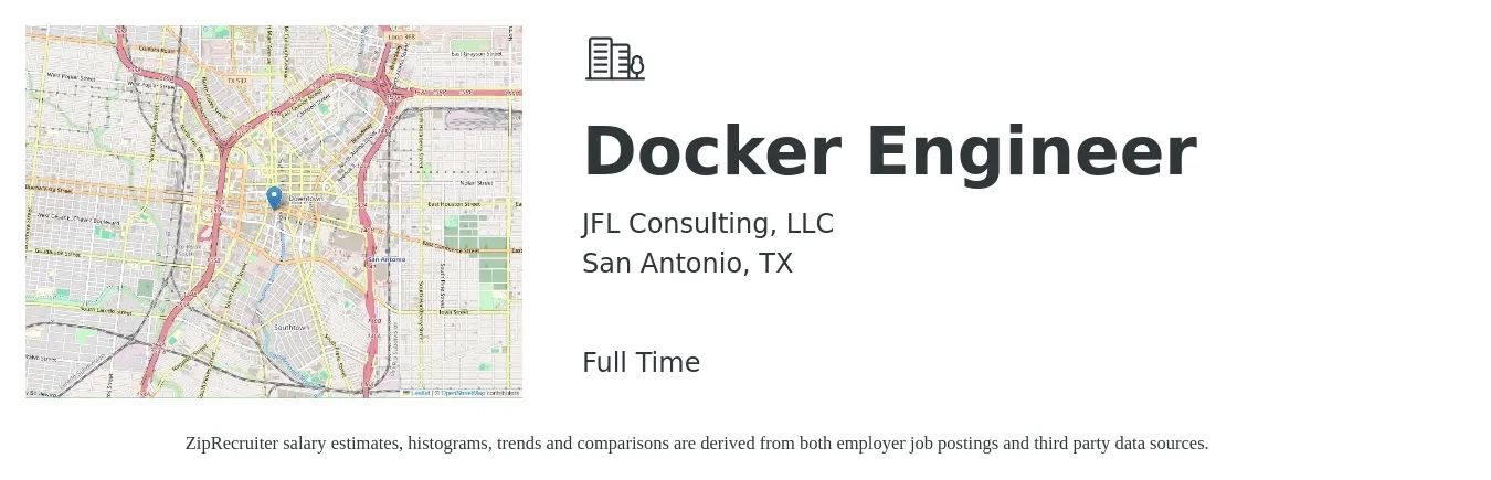 JFL Consulting, LLC job posting for a Docker Engineer in San Antonio, TX with a salary of $52 to $68 Hourly with a map of San Antonio location.