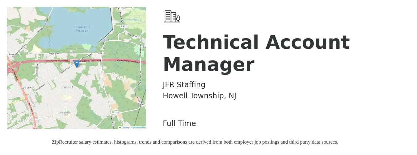 JFR Staffing job posting for a Technical Account Manager in Howell Township, NJ with a salary of $62,300 to $100,900 Yearly with a map of Howell Township location.