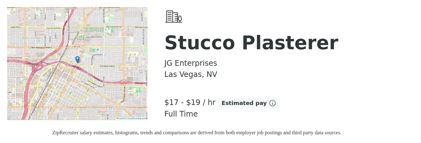 JG Enterprises job posting for a Stucco Plasterer in Las Vegas, NV with a salary of $18 to $20 Hourly with a map of Las Vegas location.