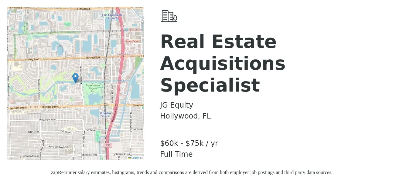 JG Equity job posting for a Real Estate Acquisitions Specialist in Hollywood, FL with a salary of $60,000 to $75,000 Yearly with a map of Hollywood location.