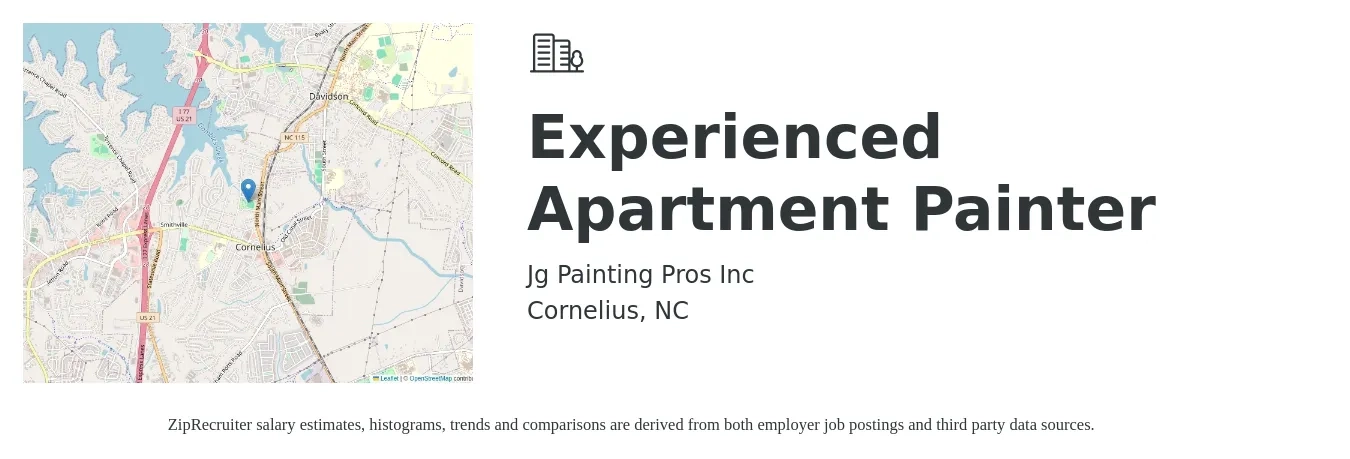 Jg Painting Pros Inc job posting for a Experienced Apartment Painter in Cornelius, NC with a salary of $500 to $3,000 Weekly with a map of Cornelius location.