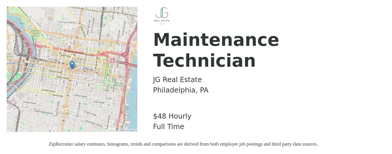 JG Real Estate job posting for a Maintenance Technician in Philadelphia, PA with a salary of $50 Hourly with a map of Philadelphia location.