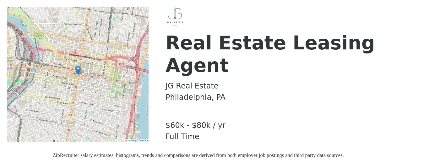 JG Real Estate job posting for a Real Estate Leasing Agent in Philadelphia, PA with a salary of $60,000 to $65,000 Yearly with a map of Philadelphia location.