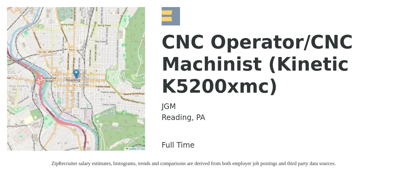 JGM job posting for a CNC Operator/CNC Machinist (Kinetic K5200xmc) in Reading, PA with a salary of $20 to $27 Hourly with a map of Reading location.