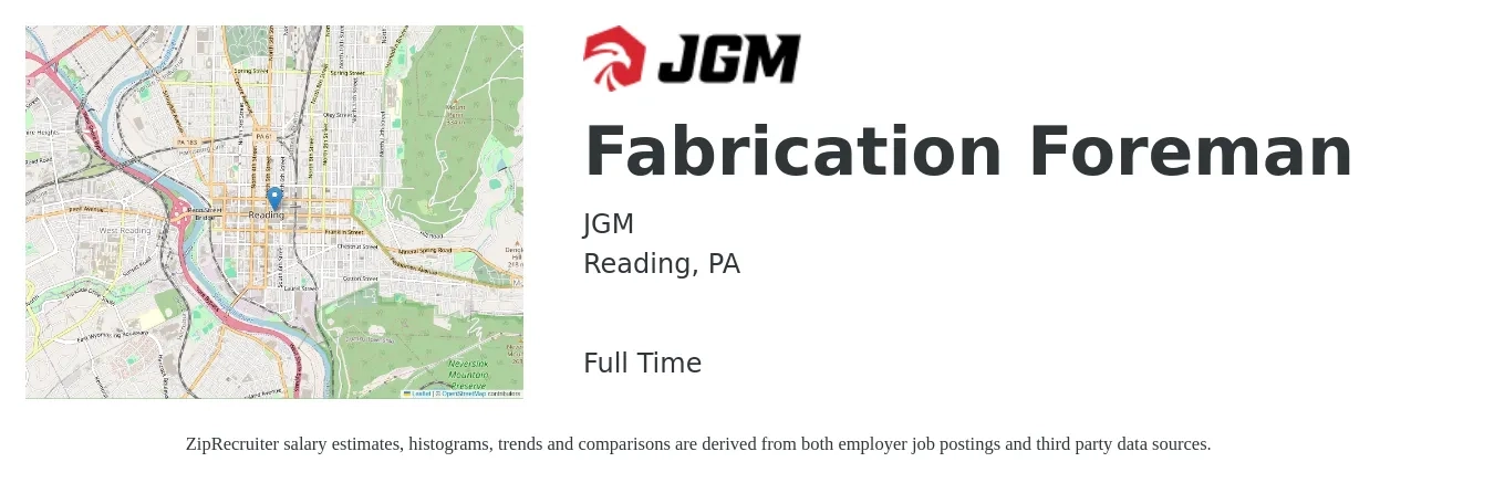 JGM job posting for a Fabrication Foreman in Reading, PA with a salary of $60,000 to $86,400 Yearly with a map of Reading location.