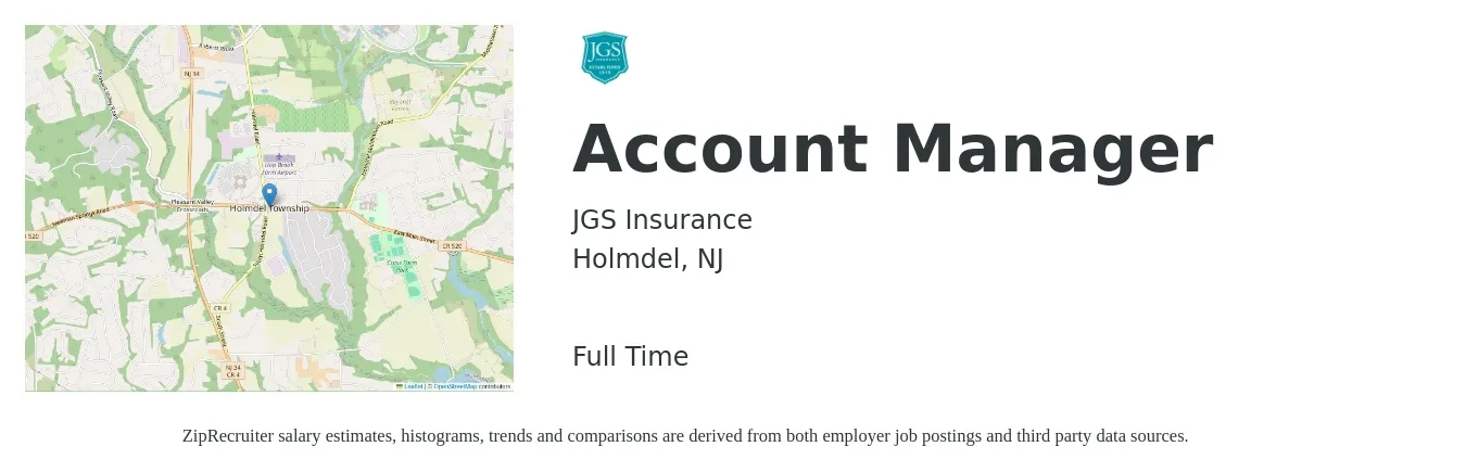 JGS Insurance job posting for a Account Manager in Holmdel, NJ with a salary of $53,600 to $87,700 Yearly with a map of Holmdel location.