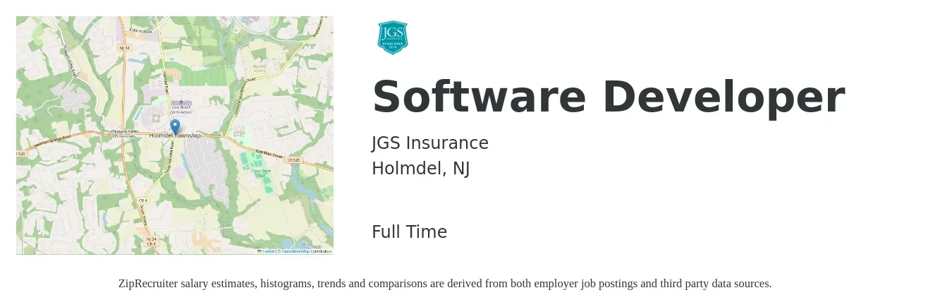 JGS Insurance job posting for a Software Developer in Holmdel, NJ with a salary of $100,600 to $145,300 Yearly with a map of Holmdel location.