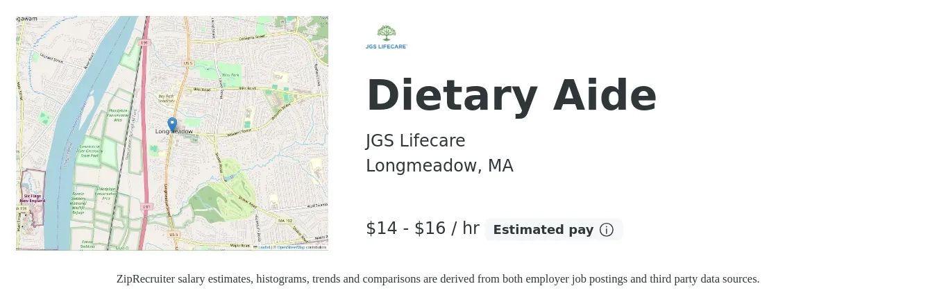 JGS Lifecare job posting for a Dietary Aide in Longmeadow, MA with a salary of $15 to $17 Hourly with a map of Longmeadow location.