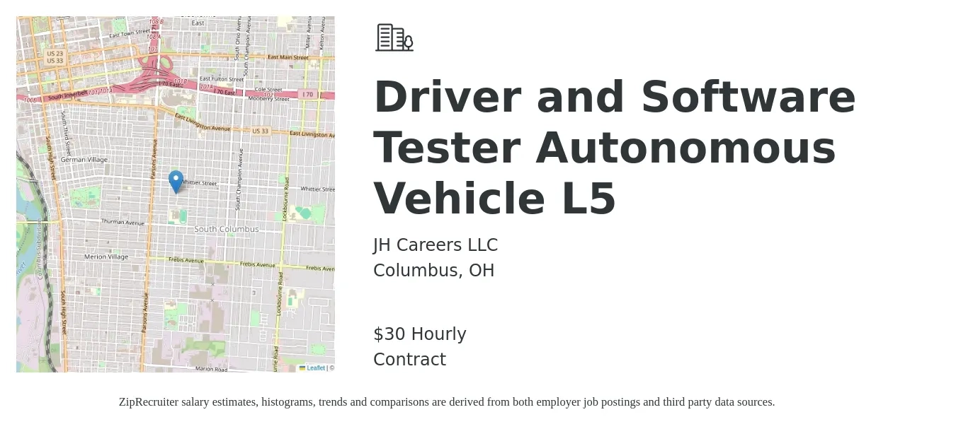 JH Careers LLC job posting for a Driver and Software Tester Autonomous Vehicle L5 in Columbus, OH with a salary of $32 Hourly and benefits including vision, dental, and medical with a map of Columbus location.