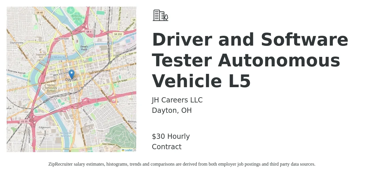 JH Careers LLC job posting for a Driver and Software Tester Autonomous Vehicle L5 in Dayton, OH with a salary of $32 Hourly with a map of Dayton location.
