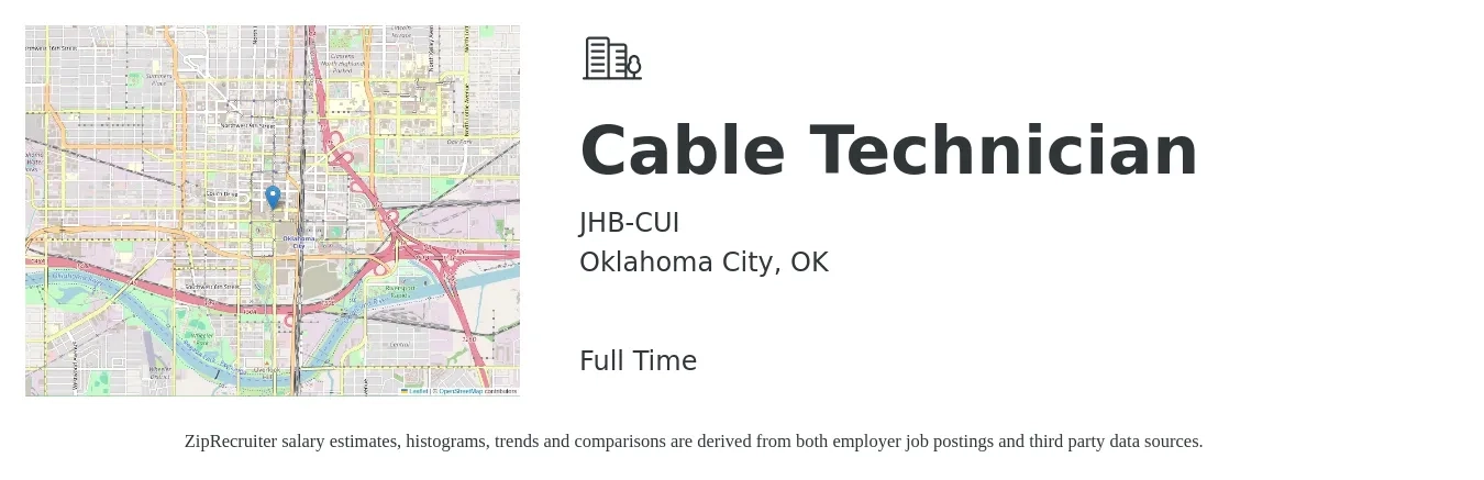 JHB-CUI job posting for a Cable Technician in Oklahoma City, OK with a salary of $18 to $24 Hourly with a map of Oklahoma City location.