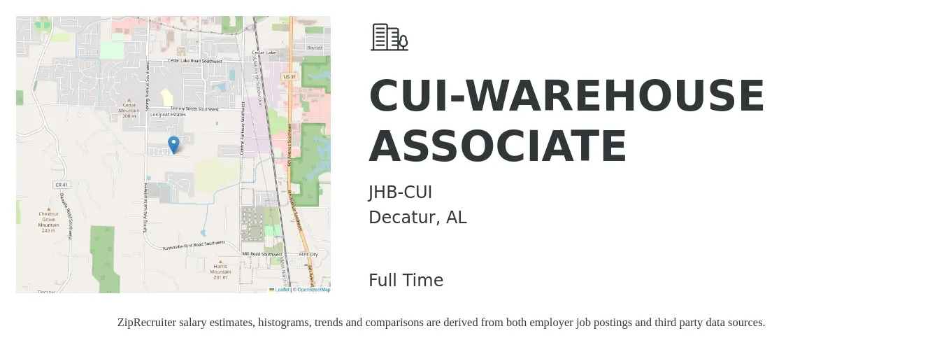 JHB-CUI job posting for a CUI-WAREHOUSE ASSOCIATE in Decatur, AL with a salary of $13 to $16 Hourly with a map of Decatur location.