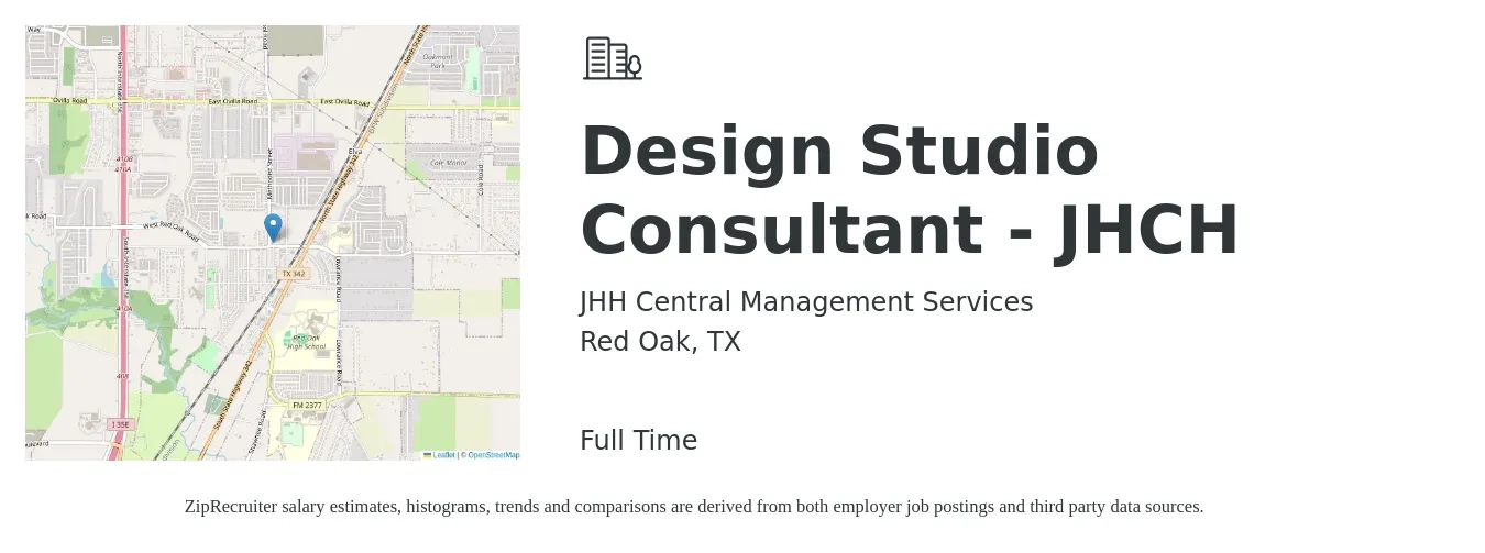 JHH Central Management Services job posting for a Design Studio Consultant - JHCH in Red Oak, TX with a salary of $20 to $32 Hourly with a map of Red Oak location.